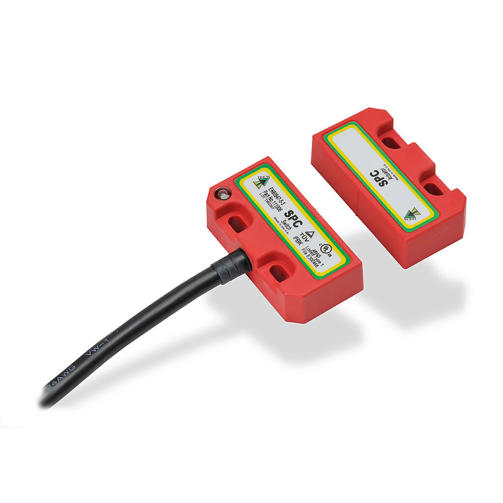 SPC-111006 - IDEM safety switch set, non-contact coded magnetic, (2) N.C. safety output(s), (1) N.O. monitoring output(s), plastic housing, 50 x 25mm, pigtail, 16.4ft/5m cable length.