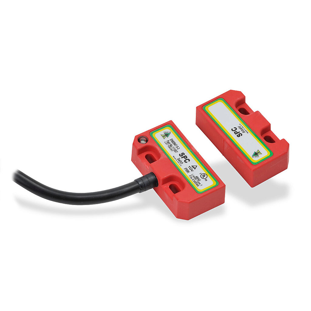 SPC-111007 - IDEM safety switch set, non-contact coded magnetic, (2) N.C. safety output(s), (1) N.O. monitoring output(s), plastic housing, 50 x 25mm, pigtail, 32.8ft/10m cable length.