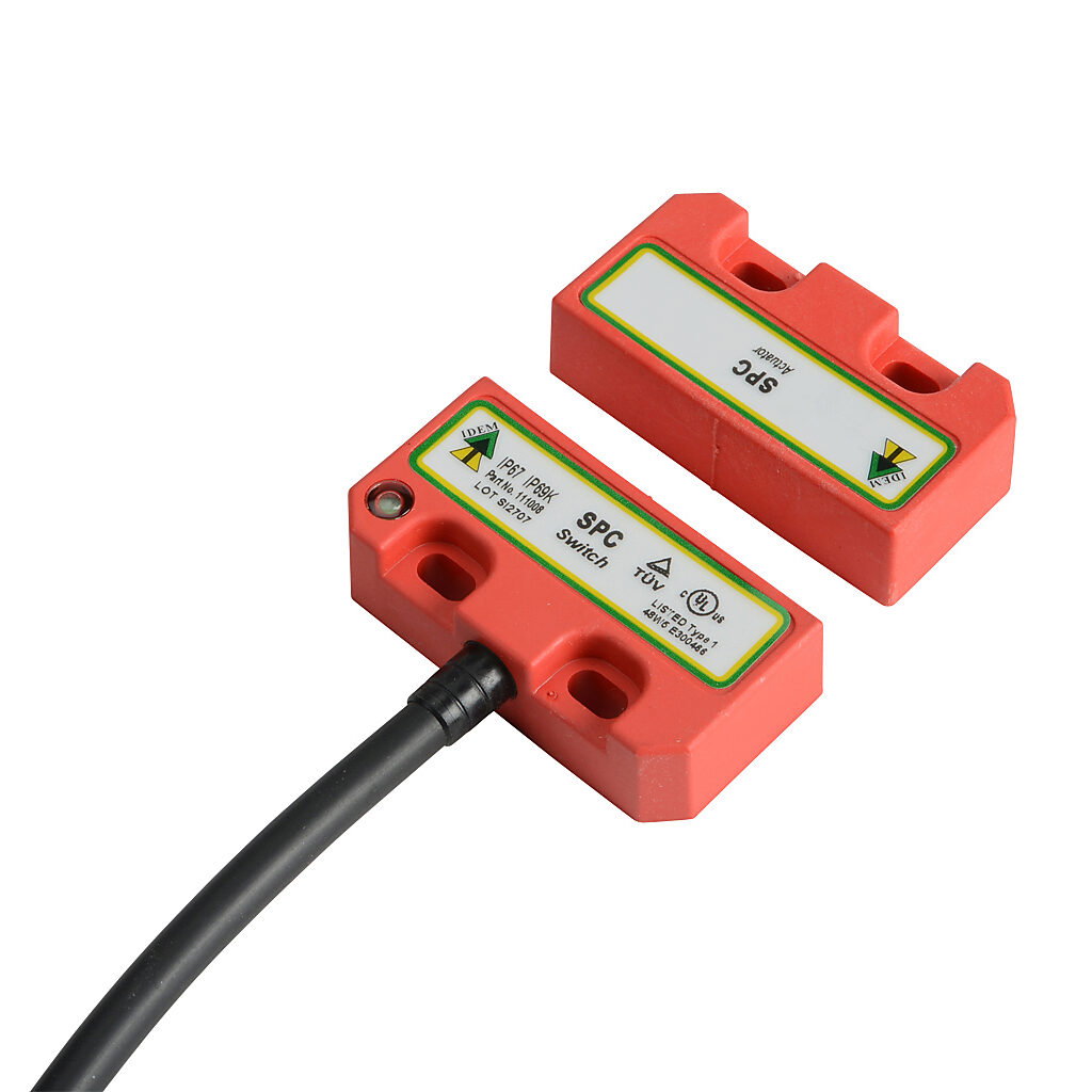 SPC-111008 - IDEM safety switch set, non-contact coded magnetic, (2) N.C. safety output(s), (1) N.O. monitoring output(s), plastic housing, 50 x 25mm, 8-pin M12 quick-disconnect, 9.8in/250mm cable length.