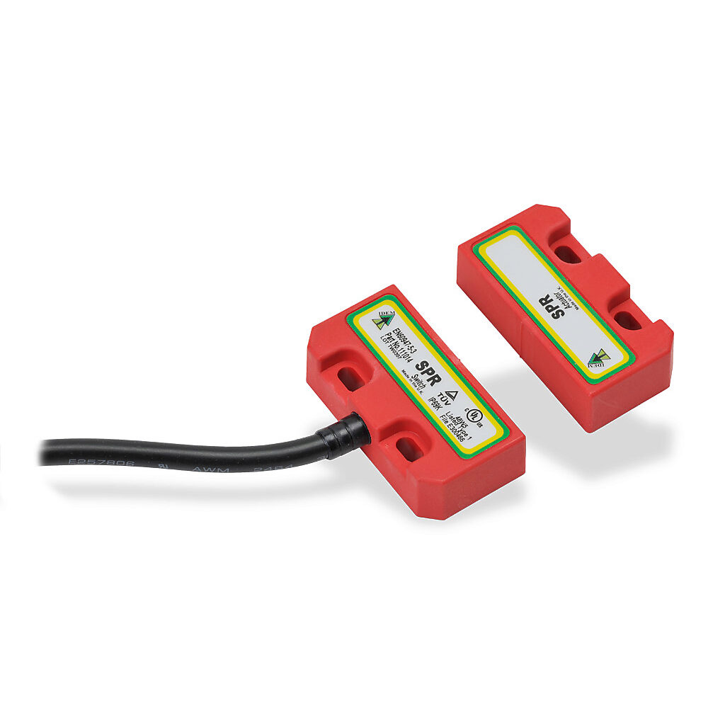 SPR-111014 - IDEM safety switch set, non-contact magnetic, (2) N.C. safety output(s), (1) N.O. monitoring output(s), plastic housing, 50 x 25mm, pigtail, 16.4ft/5m cable length.