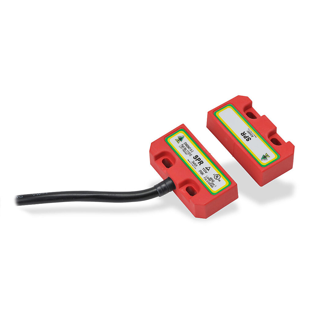 SPR-111015 - IDEM safety switch set, non-contact magnetic, (2) N.C. safety output(s), (1) N.O. monitoring output(s), plastic housing, 50 x 25mm, pigtail, 32.8ft/10m cable length.