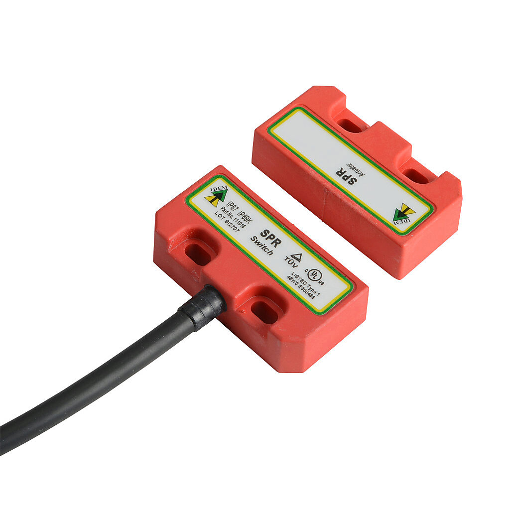 SPR-111016 - IDEM safety switch set, non-contact magnetic, (2) N.C. safety output(s), (1) N.O. monitoring output(s), plastic housing, 50 x 25mm, 8-pin M12 quick-disconnect, 9.8in/250mm cable length.