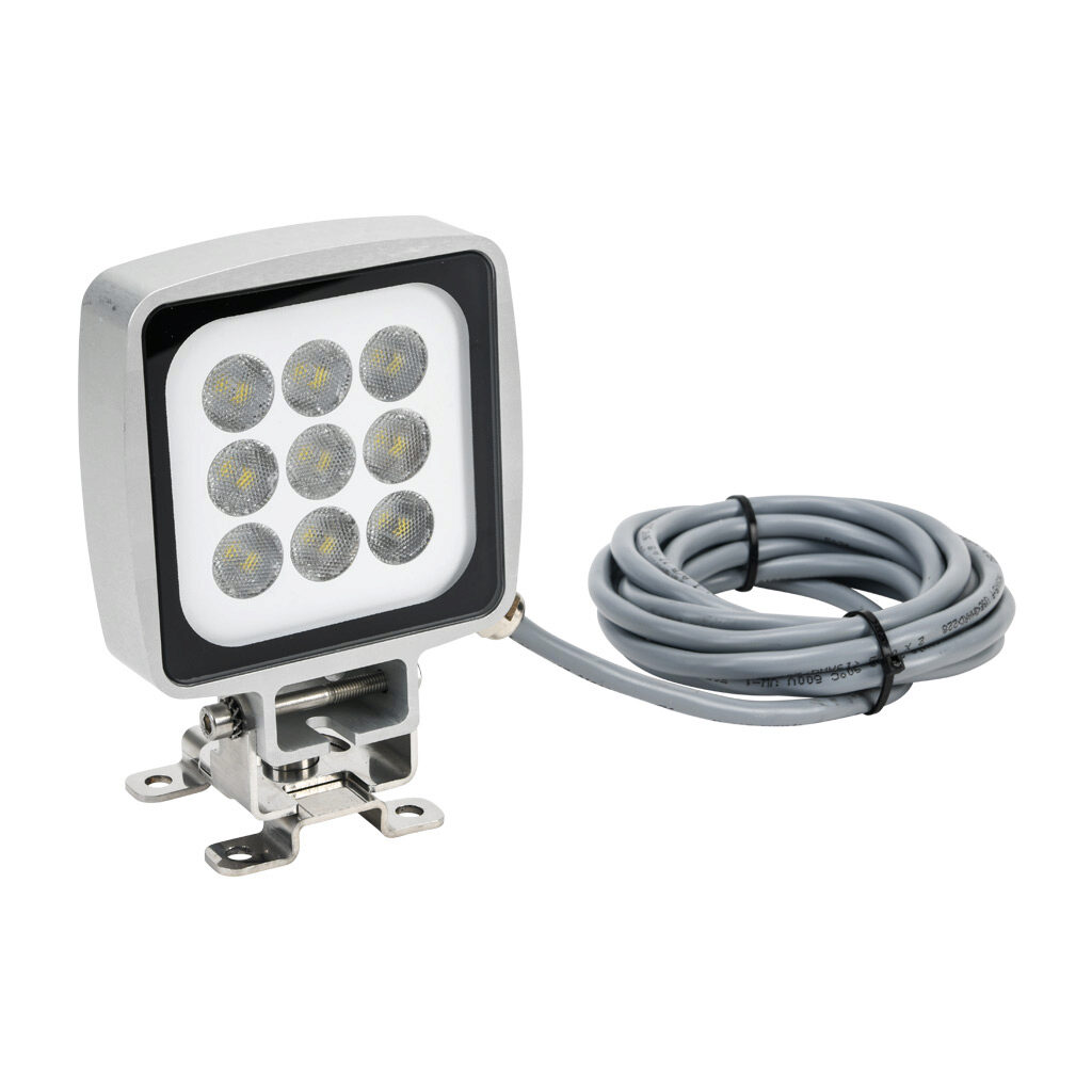 SR0921Q0601 - CCEA SIRIO Q series LED work light, 100 x 100 x 25mm, 12-24 VDC operating voltage, daylight white, 5000K, 16W, 1450 lm, bracket mount, pigtail, aluminum body, 9.8ft/3m cable length, IP67 and IP69. Mounting bracket included.