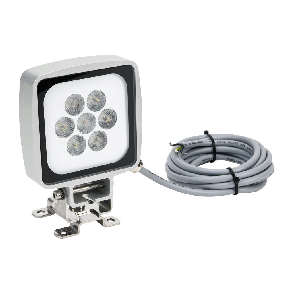 SR0924Q0201 - CCEA SIRIO Q series LED work light, 100 x 100 x 25mm, 120 VAC operating voltage, daylight white, 5000K, 17W, 1200 lm, bracket mount, pigtail, aluminum body, 9.8ft/3m cable length, IP67 and IP69. Mounting bracket included.