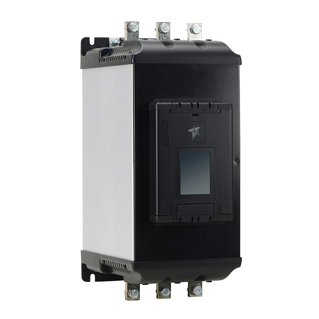 SR55-477 - Stellar SR55 series full-featured soft starter, 477A, 200-480 VAC at 3-phase, Trip Class 10/20/30, rated for 3 start/hour, internally bypassed, 3 frame. Optional EtherNet/IP and Modbus TCP cards available.