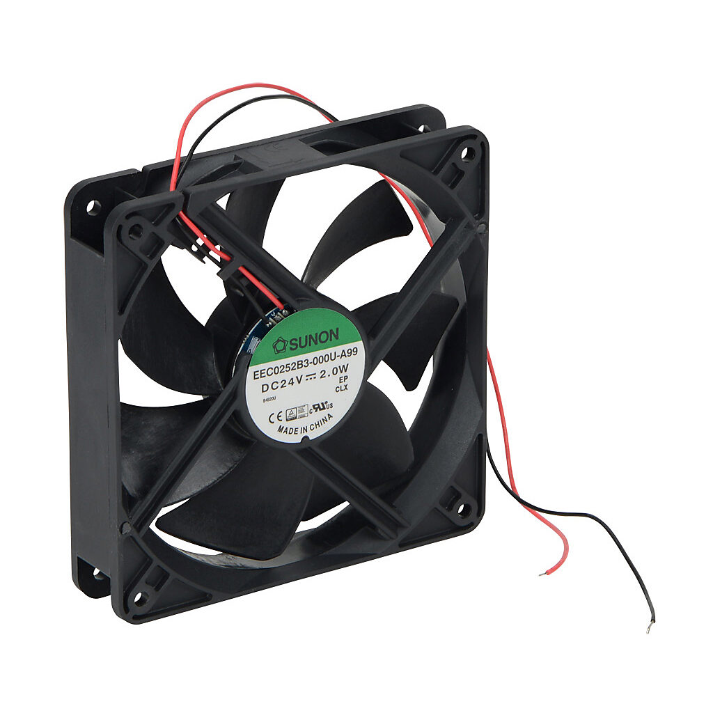 SR55-FAN-7 - Stellar SR55 series main cooling fan, replacement, 120 x 120 x 25mm, 24 VDC. For use with size 3 Stellar SR55 series soft starters. Push rivets for fan guards and electrical connector included.