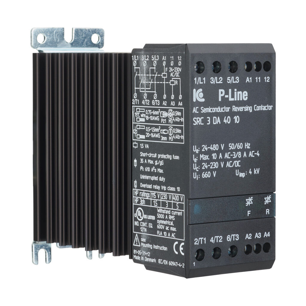SRC3DA4010 - Eltwin SRC3 series solid state contactor, reversing, 10A, (2) N.O. SCR switched, (1) Direct power poles, 24-480 VAC (50/60Hz) operating voltage, 24-230 VAC/VDC coil voltage.
