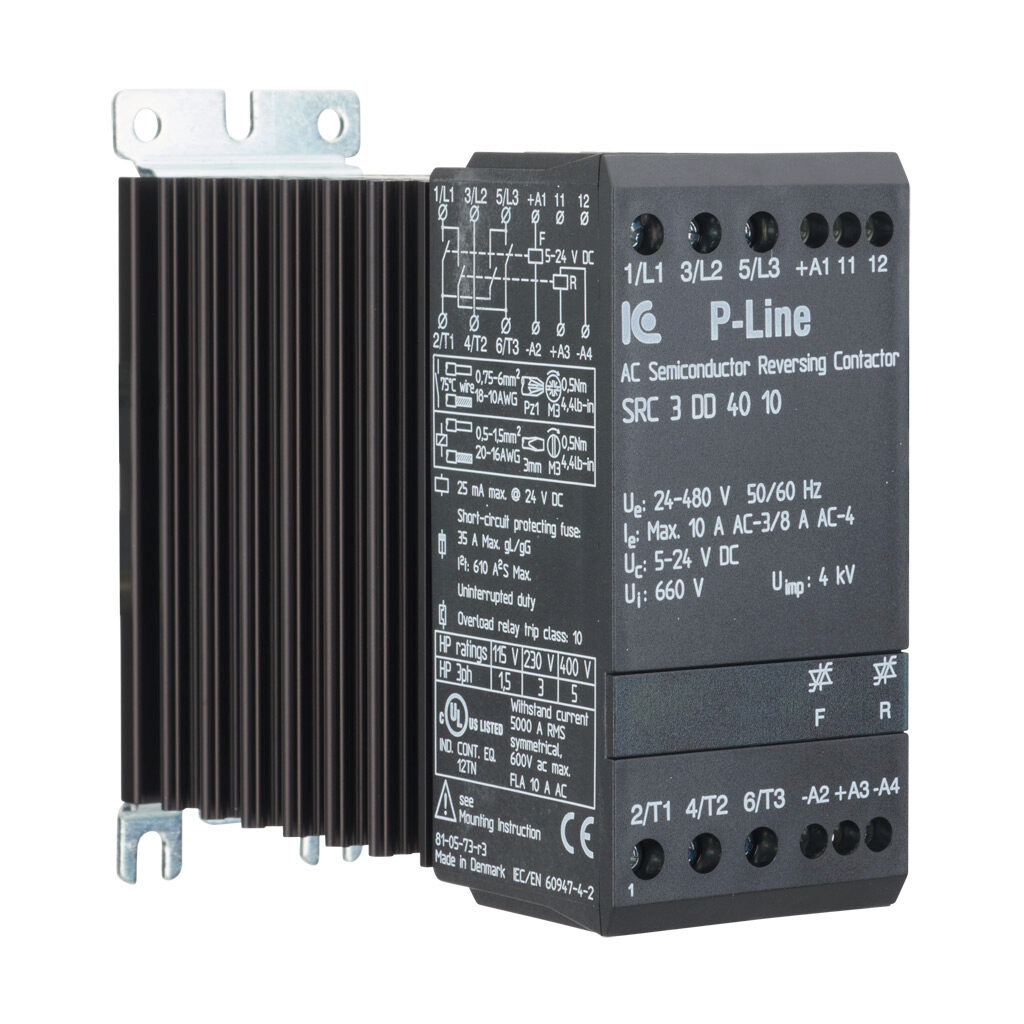SRC3DD4010 - Eltwin SRC3 series solid state contactor, reversing, 10A, (2) N.O. SCR switched, (1) Direct power poles, 24-480 VAC (50/60Hz) operating voltage, 5-24 VDC coil voltage.