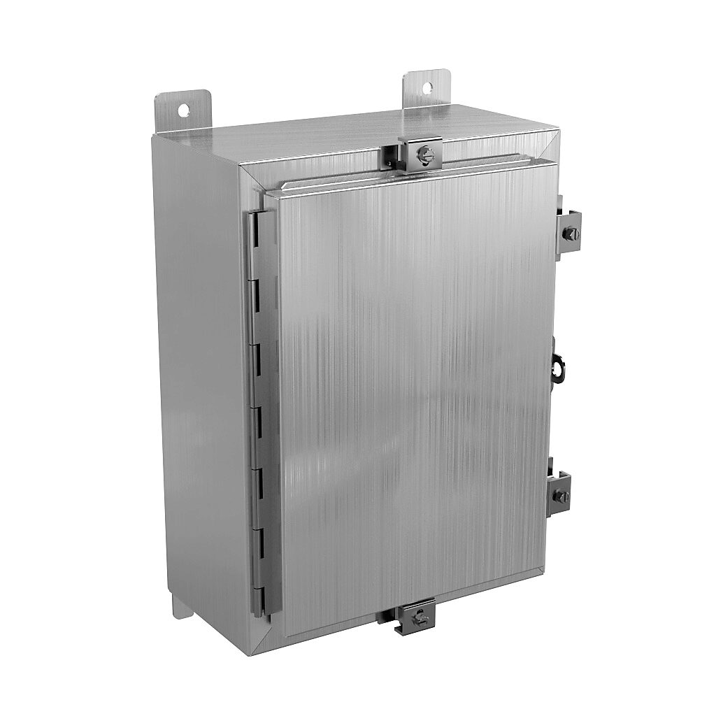 SSN4161206 - Wiegmann enclosure, NEMA 4/4X/12/13, 16 x 12 x 6in (HxWxD), wall mount, 304 stainless steel, No. 3 intermediate polished finish, single-door, stainless steel clamps, padlock hasp and staple.