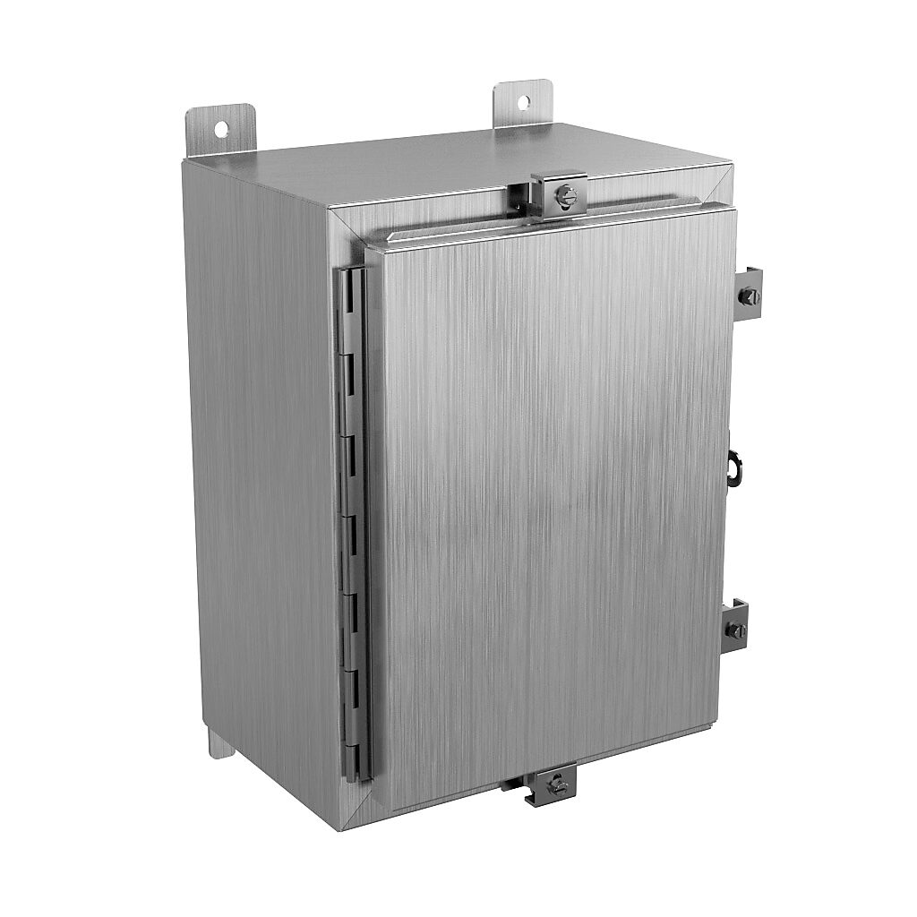 SSN4161208 - Wiegmann enclosure, NEMA 4/4X/12/13, 16 x 12 x 8in (HxWxD), wall mount, 304 stainless steel, No. 3 intermediate polished finish, single-door, stainless steel clamps, padlock hasp and staple.