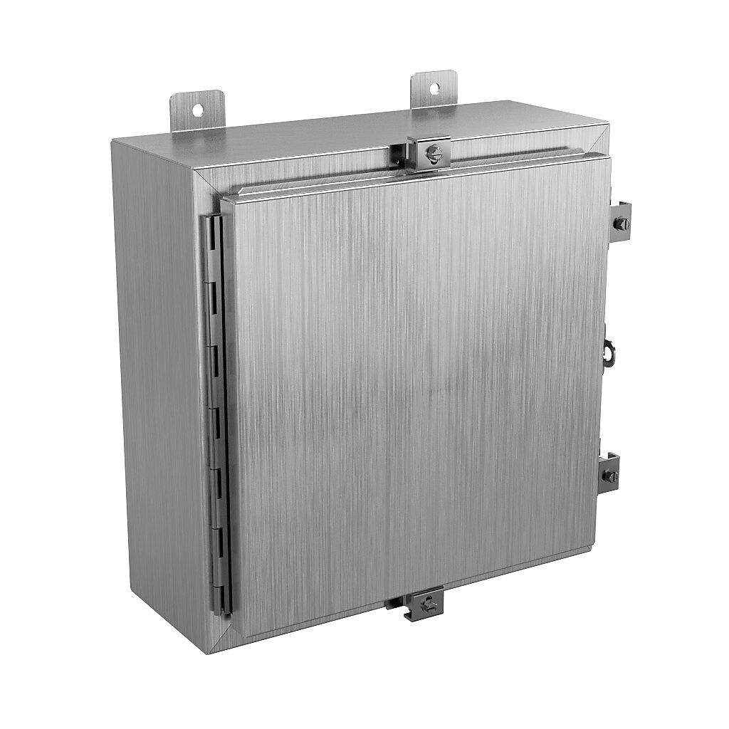 SSN4161606 - Wiegmann enclosure, NEMA 4/4X/12/13, 16 x 16 x 6in (HxWxD), wall mount, 304 stainless steel, No. 3 intermediate polished finish, single-door, stainless steel clamps, padlock hasp and staple.