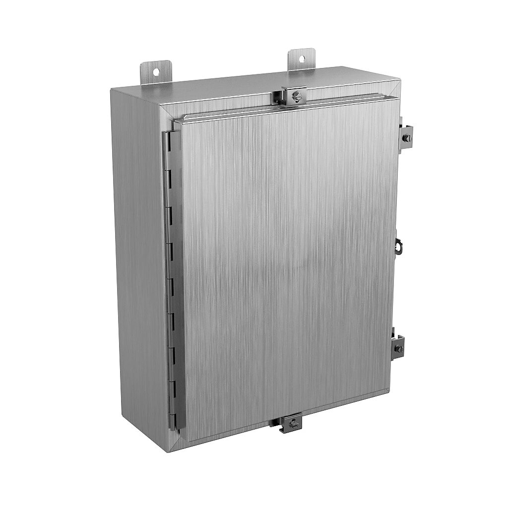 SSN4201606 - Wiegmann enclosure, NEMA 4/4X/12/13, 20 x 16 x 6in (HxWxD), wall mount, 304 stainless steel, No. 3 intermediate polished finish, single-door, stainless steel clamps, padlock hasp and staple.