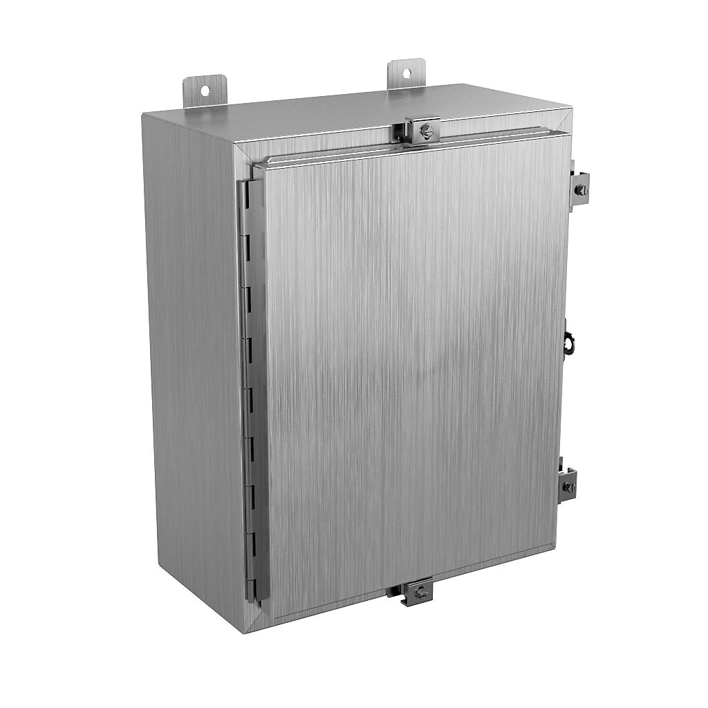 SSN4201608 - Wiegmann enclosure, NEMA 4/4X/12/13, 20 x 16 x 8in (HxWxD), wall mount, 304 stainless steel, No. 3 intermediate polished finish, single-door, stainless steel clamps, padlock hasp and staple.