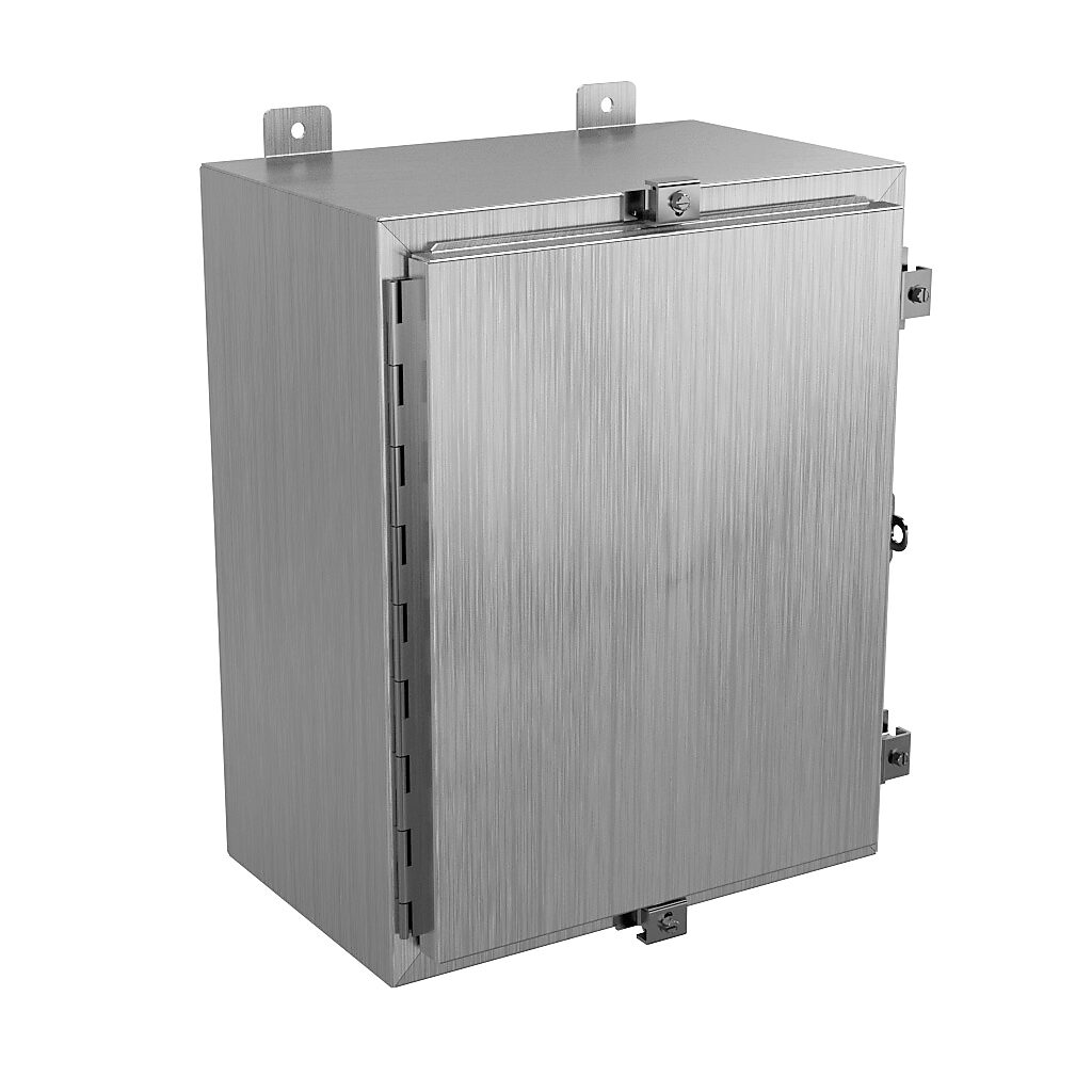 SSN4201610A - Wiegmann enclosure, NEMA 4/4X/12/13, 20 x 16 x 10in (HxWxD), wall mount, 316L stainless steel, No. 3 intermediate polished finish, single-door, stainless steel clamps, padlock hasp and staple.