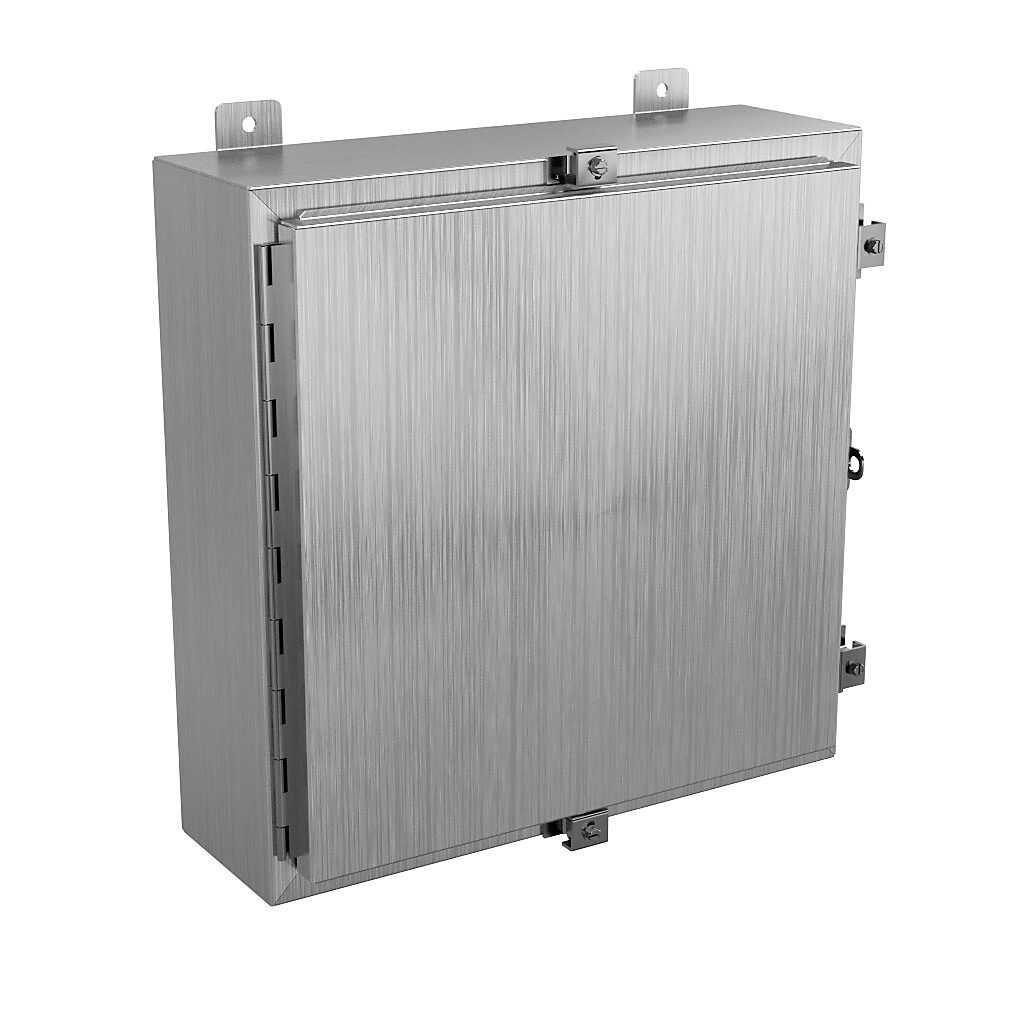 SSN4202006 - Wiegmann enclosure, NEMA 4/4X/12/13, 20 x 20 x 6in (HxWxD), wall mount, 304 stainless steel, No. 3 intermediate polished finish, single-door, stainless steel clamps, padlock hasp and staple.