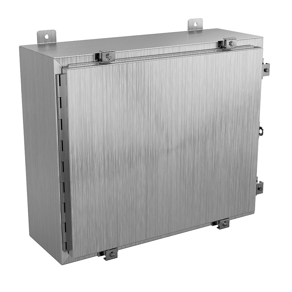 SSN4202408 - Wiegmann enclosure, NEMA 4/4X/12/13, 20 x 24 x 8in (HxWxD), wall mount, 304 stainless steel, No. 3 intermediate polished finish, single-door, stainless steel clamps, padlock hasp and staple.