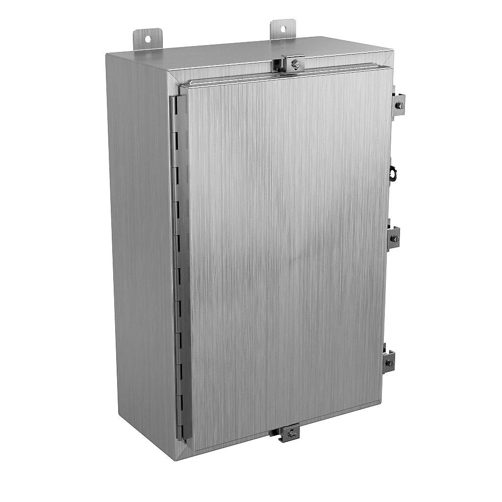 SSN4241608A - Wiegmann enclosure, NEMA 4/4X/12/13, 24 x 16 x 8in (HxWxD), wall mount, 316L stainless steel, No. 3 intermediate polished finish, single-door, stainless steel clamps, padlock hasp and staple.