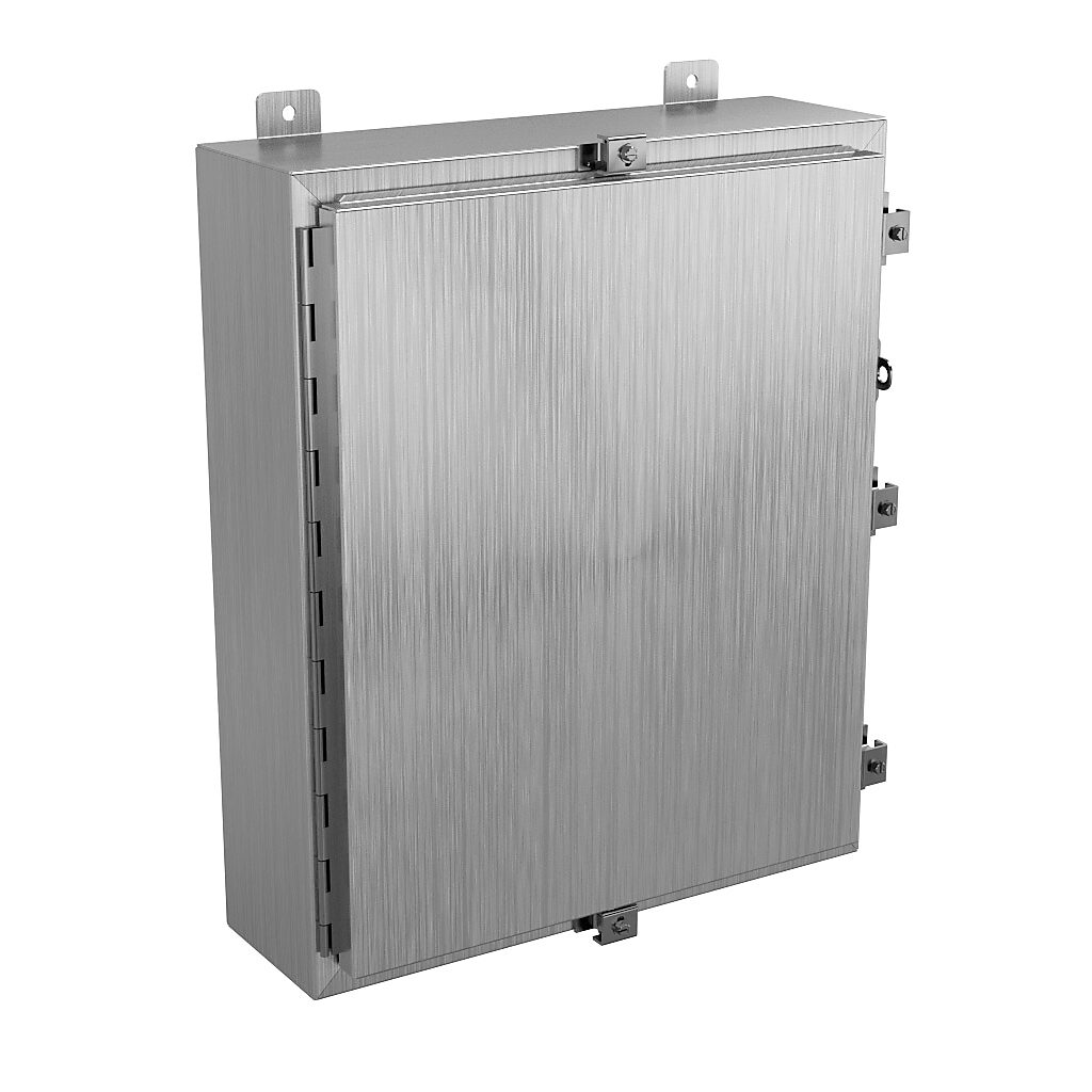 SSN4242006 - Wiegmann enclosure, NEMA 4/4X/12/13, 24 x 20 x 6in (HxWxD), wall mount, 304 stainless steel, No. 3 intermediate polished finish, single-door, stainless steel clamps, padlock hasp and staple.