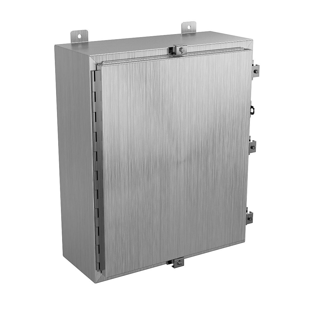 SSN4242008 - Wiegmann enclosure, NEMA 4/4X/12/13, 24 x 20 x 8in (HxWxD), wall mount, 304 stainless steel, No. 3 intermediate polished finish, single-door, stainless steel clamps, padlock hasp and staple.