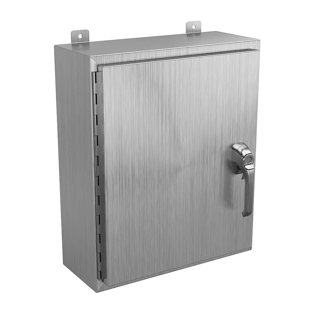 SSN42420083PT - Wiegmann enclosure, NEMA 4/4X/12/13, 24 x 20 x 8in (HxWxD), wall mount, 304 stainless steel, No. 3 intermediate polished finish, single-door, 3-point 316L padlocking handle, handle hasp.