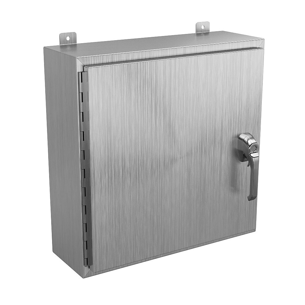 SSN42424083PT - Wiegmann enclosure, NEMA 4/4X/12/13, 24 x 24 x 8in (HxWxD), wall mount, 304 stainless steel, No. 3 intermediate polished finish, single-door, 3-point 316L padlocking handle, handle hasp.