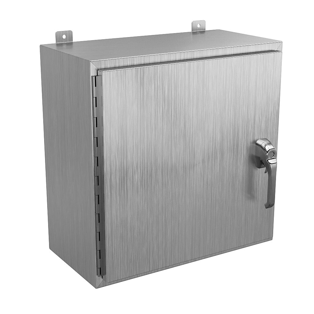 SSN42424123PT - Wiegmann enclosure, NEMA 4/4X/12/13, 24 x 24 x 12in (HxWxD), wall mount, 304 stainless steel, No. 3 intermediate polished finish, single-door, 3-point 316L padlocking handle, handle hasp.