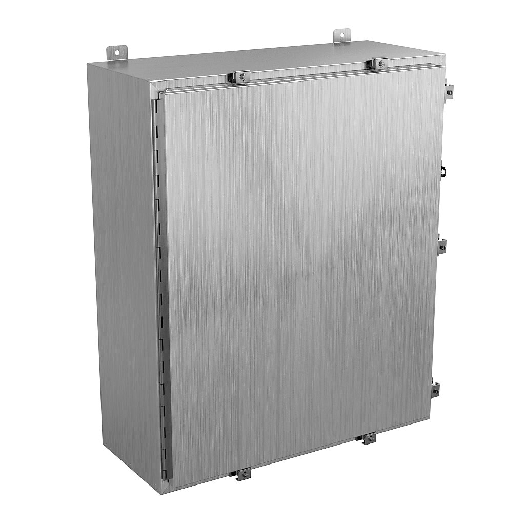 SSN4363012 - Wiegmann enclosure, NEMA 4/4X/12/13, 36 x 30 x 12in (HxWxD), wall mount, 304 stainless steel, No. 3 intermediate polished finish, single-door, stainless steel clamps, padlock hasp and staple.
