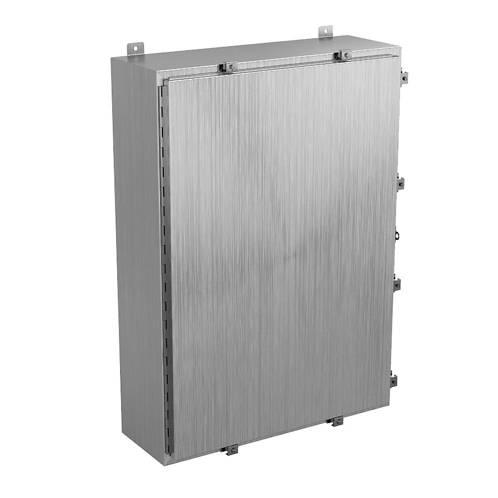 SSN4423010 - Wiegmann enclosure, NEMA 4/4X/12/13, 42 x 30 x 10in (HxWxD), wall mount, 304 stainless steel, No. 3 intermediate polished finish, single-door, stainless steel clamps, padlock hasp and staple.