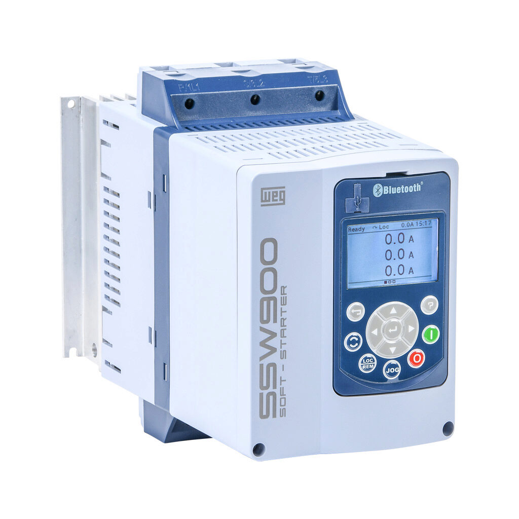 SSW900B0105T5E2B - WEG Electric SSW900 series full-featured soft starter, 105A, 220-575 VAC at 3-phase, Trip Class 10/20/30, rated for 3 start/hour, internally bypassed, B frame. Optional SSW0708900-KVT-2B fan provides 10 start/hour. Optional comm...