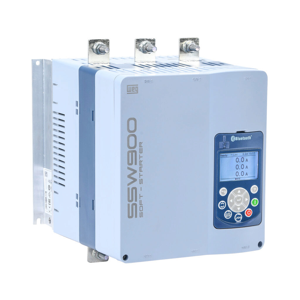 SSW900C0130T5E2B - WEG Electric SSW900 series full-featured soft starter, 130A, 220-575 VAC at 3-phase, Trip Class 10/20/30, rated for 3 start/hour, internally bypassed, C frame. Optional SSW0708900-KVT-3C fan provides 10 start/hour. Optional comm...