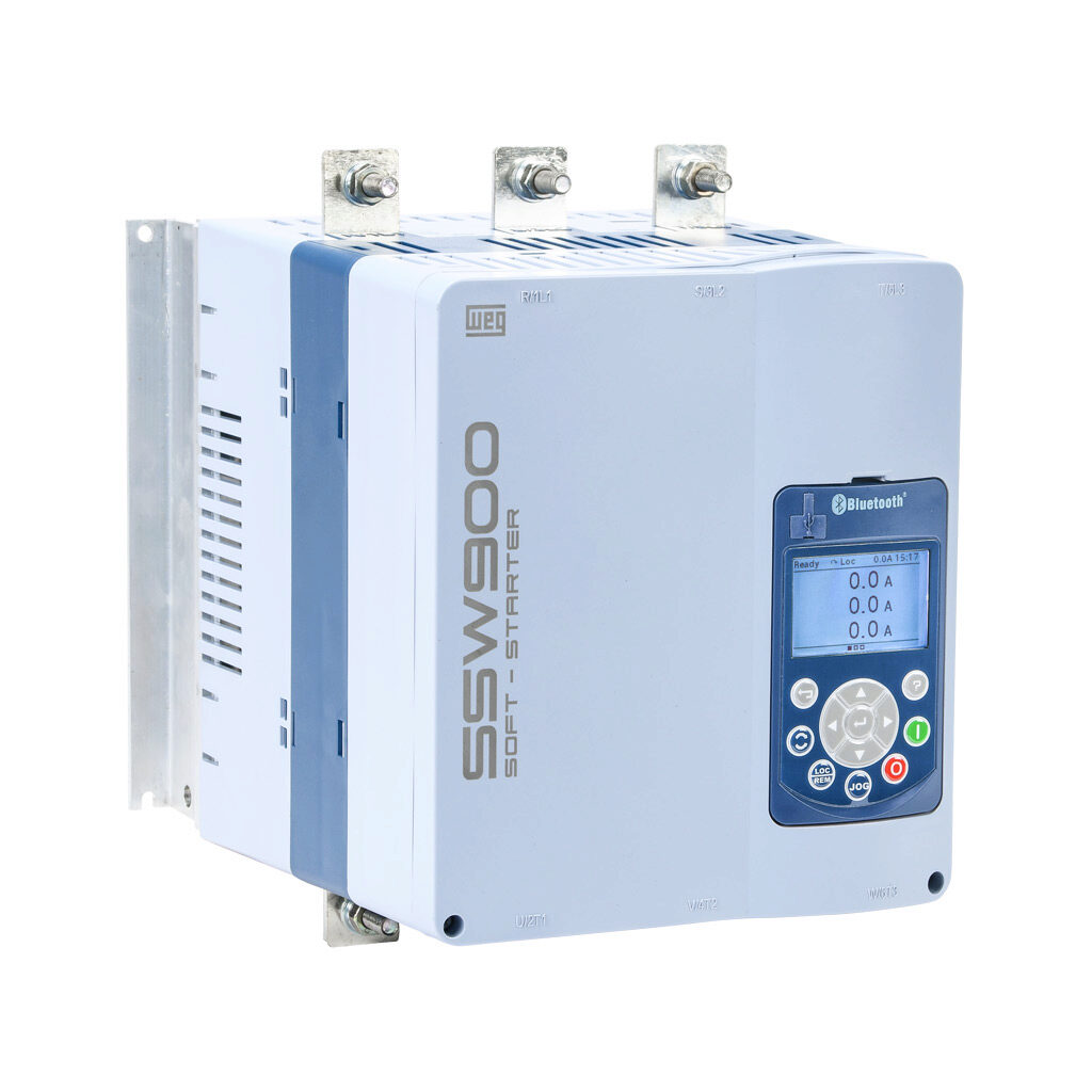 SSW900C0171T5E2B - WEG Electric SSW900 series full-featured soft starter, 171A, 220-575 VAC at 3-phase, Trip Class 10/20/30, rated for 3 start/hour, internally bypassed, C frame. Optional SSW0708900-KVT-3C fan provides 10 start/hour. Optional comm...
