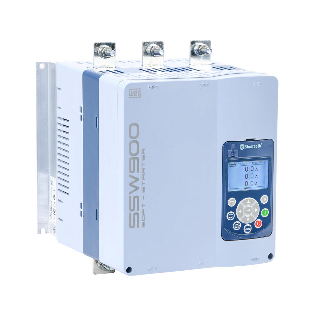 SSW900C0200T5E2B - WEG Electric SSW900 series full-featured soft starter, 200A, 220-575 VAC at 3-phase, Trip Class 10/20/30, rated for 3 start/hour, internally bypassed, C frame. Optional SSW0708900-KVT-3C fan provides 10 start/hour. Optional comm...