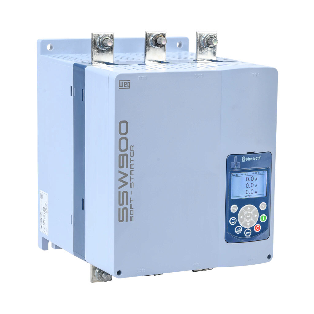 SSW900D0255T5E3B - WEG Electric SSW900 series full-featured soft starter, 255A, 220-575 VAC at 3-phase, Trip Class 10/20/30, rated for 10 start/hour, internally bypassed, D frame. Optional communication and RTD cards available.