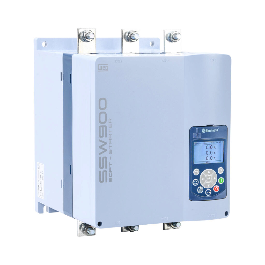 SSW900D0312T5E3B - WEG Electric SSW900 series full-featured soft starter, 312A, 220-575 VAC at 3-phase, Trip Class 10/20/30, rated for 10 start/hour, internally bypassed, D frame. Optional communication and RTD cards available.