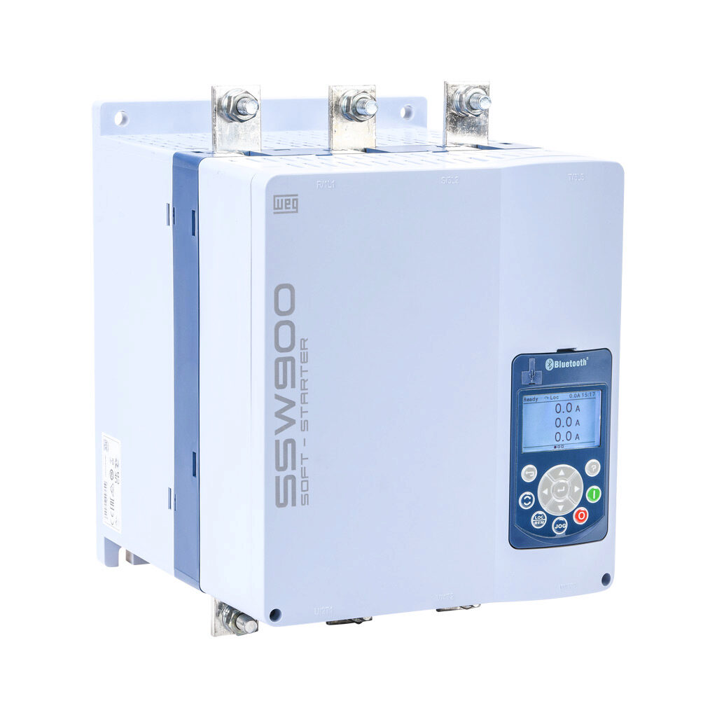SSW900D0412T5E3B - WEG Electric SSW900 series full-featured soft starter, 412A, 220-575 VAC at 3-phase, Trip Class 10/20/30, rated for 10 start/hour, internally bypassed, D frame. Optional communication and RTD cards available.