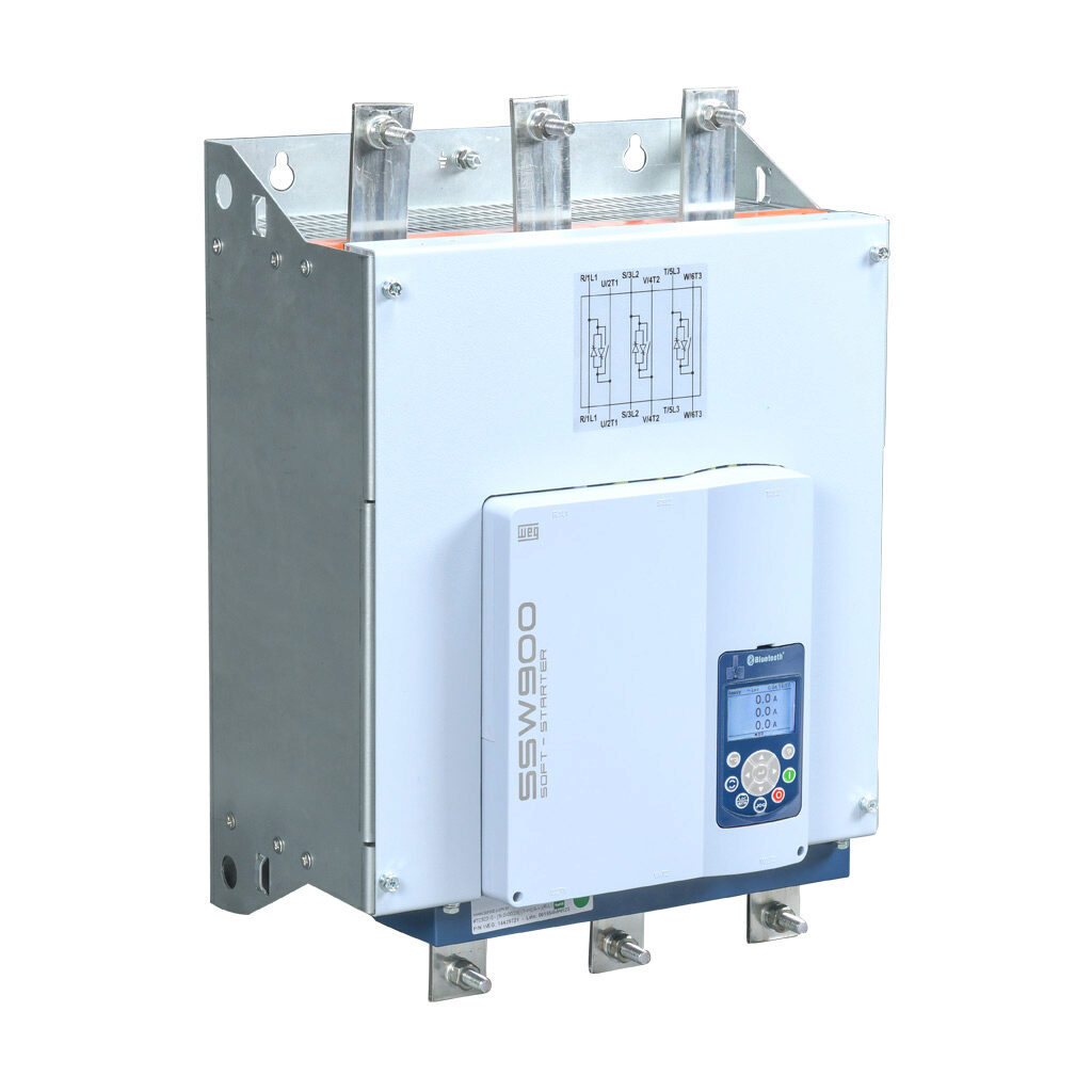 SSW900E0480T5E3B - WEG Electric SSW900 series full-featured soft starter, 480A, 220-575 VAC at 3-phase, Trip Class 10/20/30, rated for 5 start/hour, internally bypassed, E frame. Optional communication and RTD cards available.
