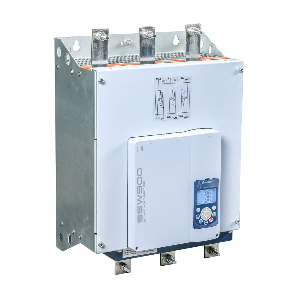 SSW900E0604T5E3B - WEG Electric SSW900 series full-featured soft starter, 604A, 220-575 VAC at 3-phase, Trip Class 10/20/30, rated for 5 start/hour, internally bypassed, E frame. Optional communication and RTD cards available.