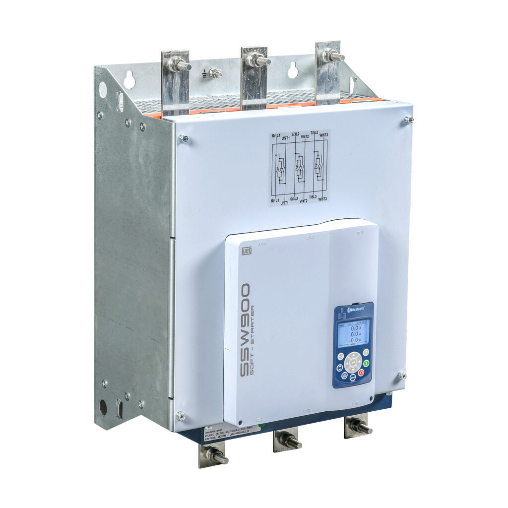 SSW900E0670T5E3B - WEG Electric SSW900 series full-featured soft starter, 670A, 220-575 VAC at 3-phase, Trip Class 10/20/30, rated for 5 start/hour, internally bypassed, E frame. Optional communication and RTD cards available.