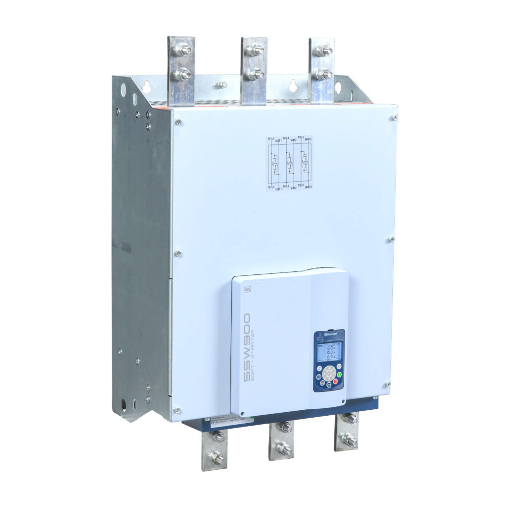 SSW900F0820T5E3B - WEG Electric SSW900 series full-featured soft starter, 820A, 220-575 VAC at 3-phase, Trip Class 10/20/30, rated for 5 start/hour, internally bypassed, F frame. Optional communication and RTD cards available.