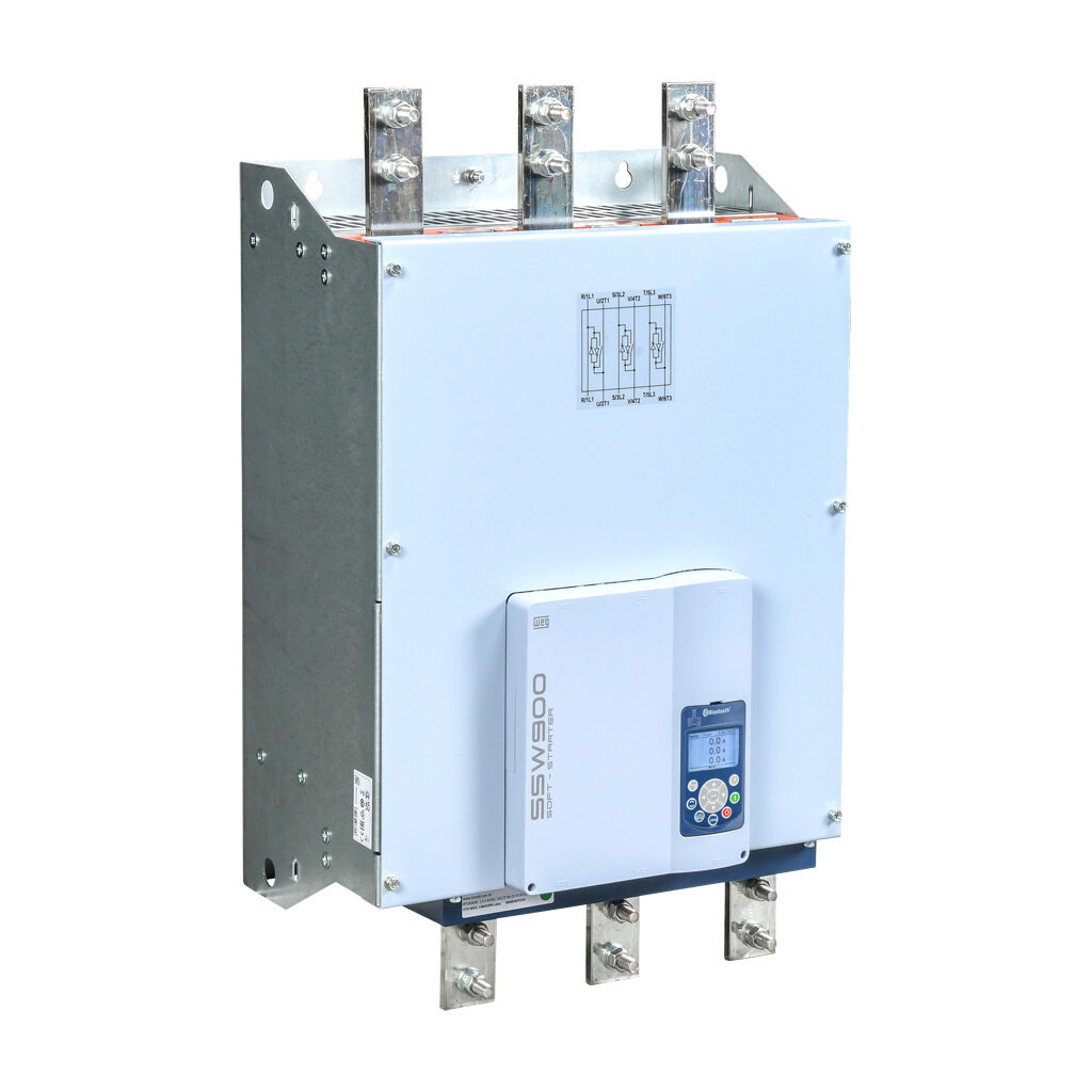 SSW900F0950T5E3B - WEG Electric SSW900 series full-featured soft starter, 950A, 220-575 VAC at 3-phase, Trip Class 10/20/30, rated for 5 start/hour, internally bypassed, F frame. Optional communication and RTD cards available.