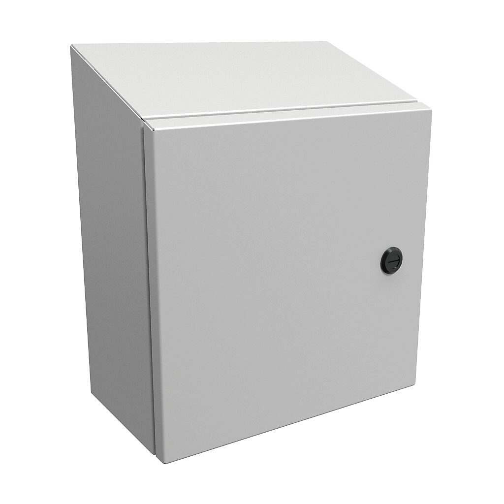 ST12126LG - Hammond Eclipse series enclosure, slope top, NEMA 3R/4/12, 12 x 12 x 6in (HxWxD), wall mount, carbon steel, RAL 7035 light gray, powder coat finish, single-door, 1/4-turn semi-flush latch.