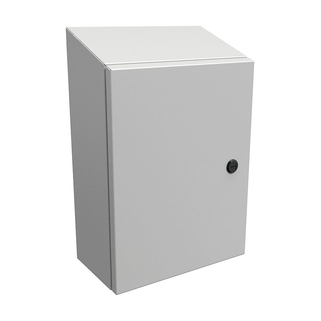 ST16126LG - Hammond Eclipse series enclosure, slope top, NEMA 3R/4/12, 16 x 12 x 6in (HxWxD), wall mount, carbon steel, RAL 7035 light gray, powder coat finish, single-door, 1/4-turn semi-flush latch.