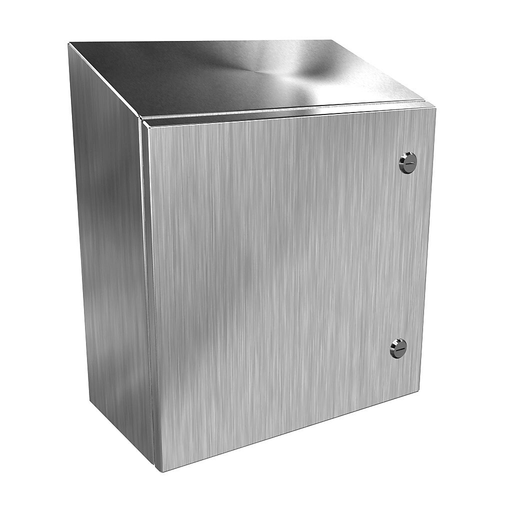 ST161608SS - Hammond Eclipse series enclosure, slope top, NEMA 3R/4/4X/12/13, 16 x 16 x 8in (HxWxD), wall mount, 304 stainless steel, #4 brush finish, single-door, 1/4-turn semi-flush 316 stainless steel latch.