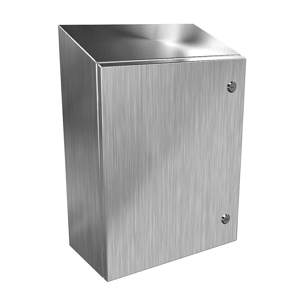 ST201608SS - Hammond Eclipse series enclosure, slope top, NEMA 3R/4/4X/12/13, 20 x 16 x 8in (HxWxD), wall mount, 304 stainless steel, #4 brush finish, single-door, 1/4-turn semi-flush 316 stainless steel latch.