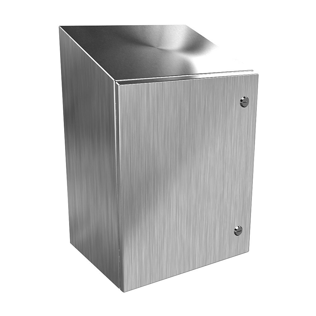 ST201612SS - Hammond Eclipse series enclosure, slope top, NEMA 3R/4/4X/12/13, 20 x 16 x 12in (HxWxD), wall mount, 304 stainless steel, #4 brush finish, single-door, 1/4-turn semi-flush 316 stainless steel latch.