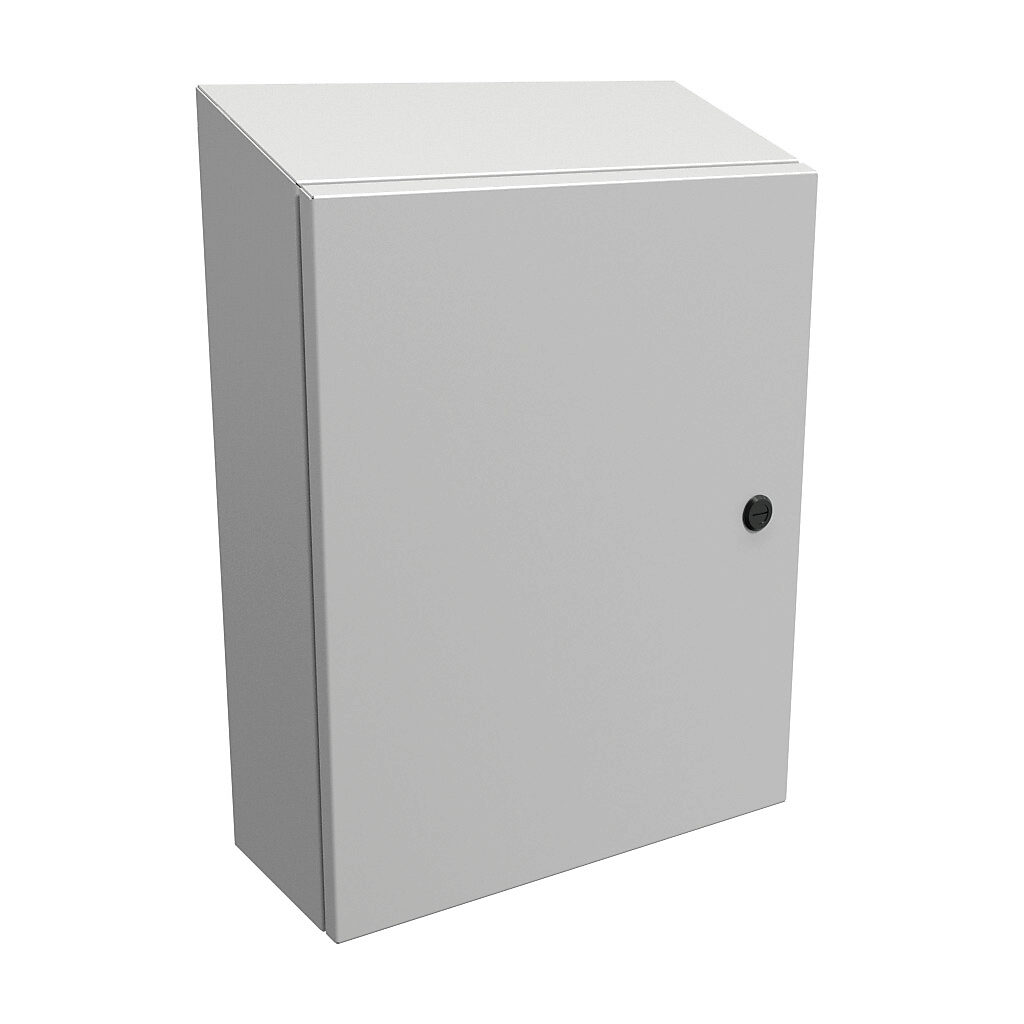 ST20166LG - Hammond Eclipse series enclosure, slope top, NEMA 3R/4/12, 20 x 16 x 6in (HxWxD), wall mount, carbon steel, RAL 7035 light gray, powder coat finish, single-door, 1/4-turn semi-flush latch.