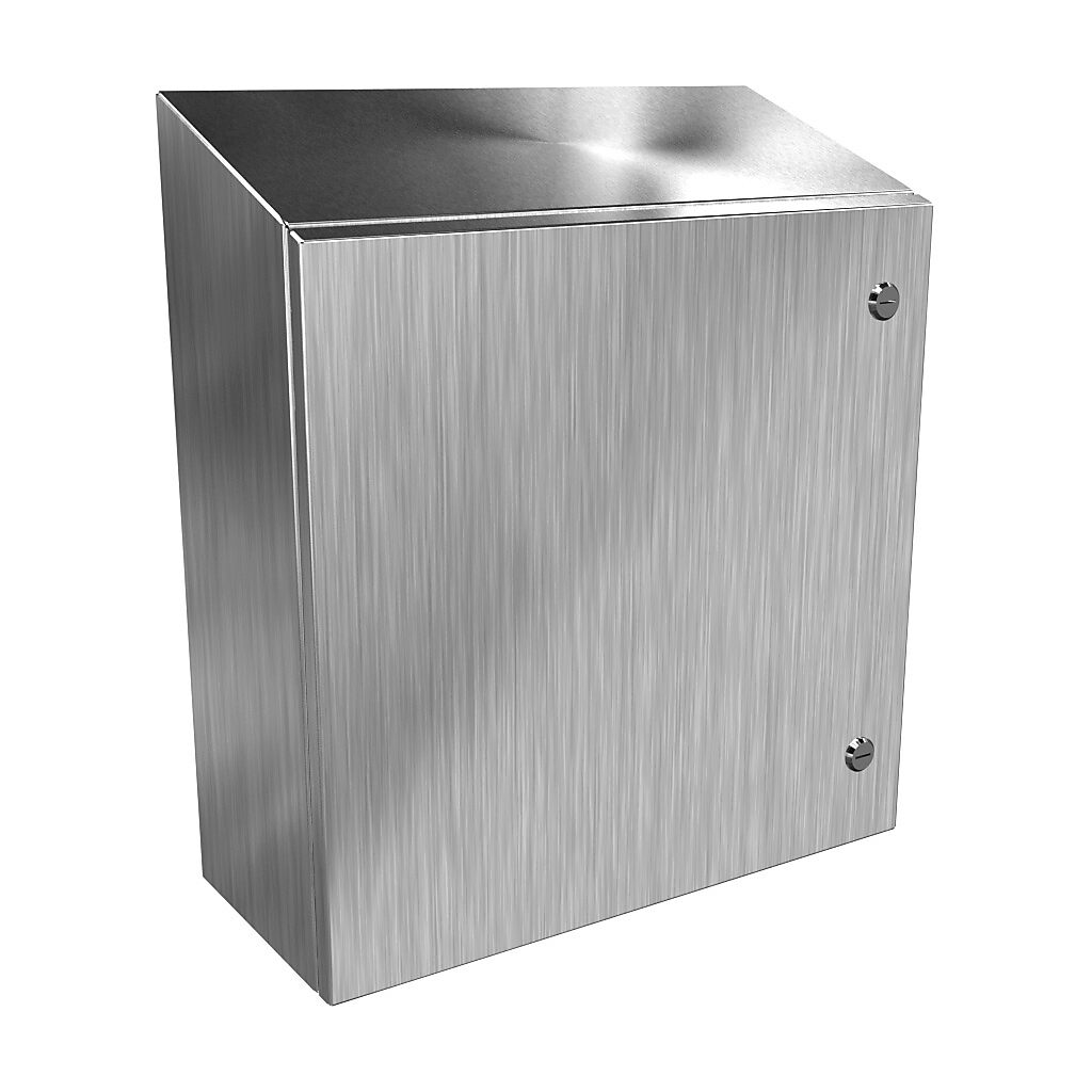 ST202008SS - Hammond Eclipse series enclosure, slope top, NEMA 3R/4/4X/12/13, 20 x 20 x 8in (HxWxD), wall mount, 304 stainless steel, #4 brush finish, single-door, 1/4-turn semi-flush 316 stainless steel latch.
