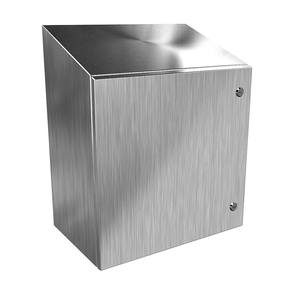 ST202012SS - Hammond Eclipse series enclosure, slope top, NEMA 3R/4/4X/12/13, 20 x 20 x 12in (HxWxD), wall mount, 304 stainless steel, #4 brush finish, single-door, 1/4-turn semi-flush 316 stainless steel latch.