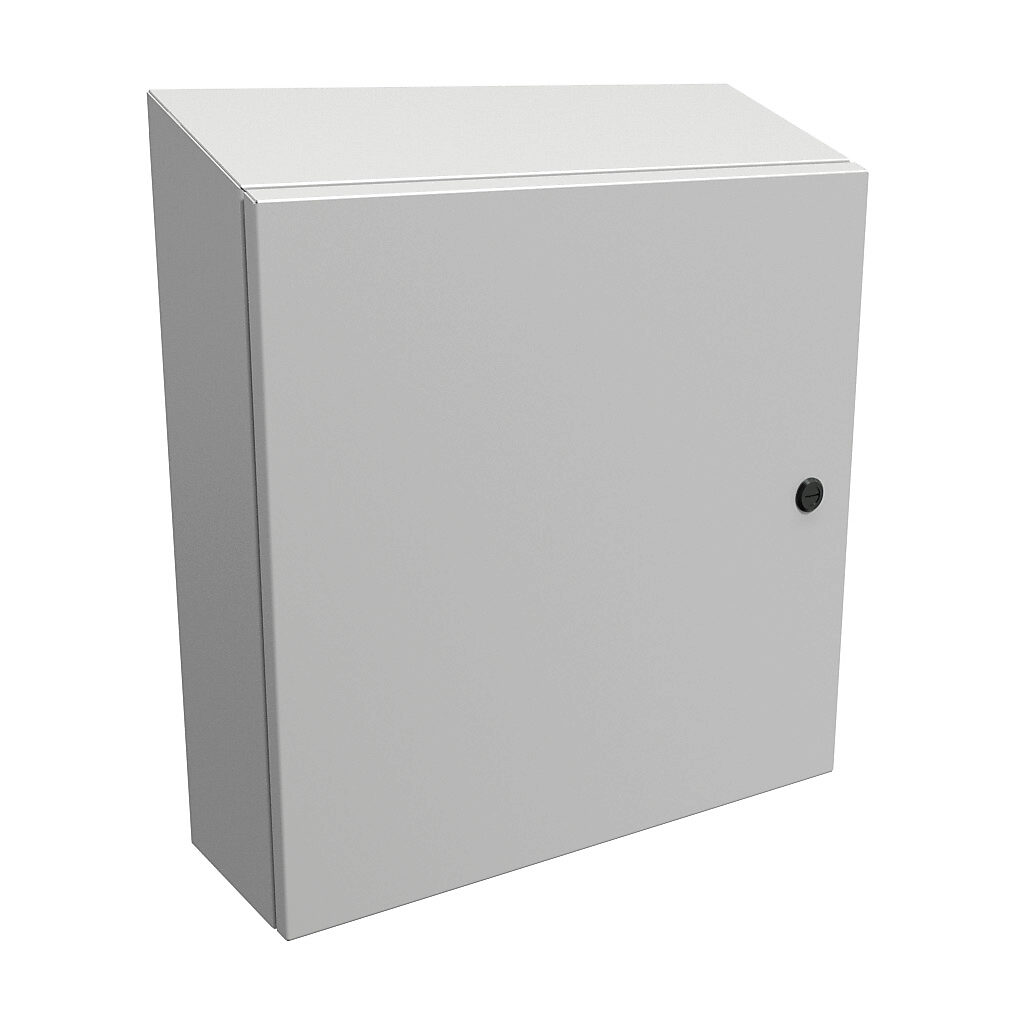 ST20206LG - Hammond Eclipse series enclosure, slope top, NEMA 3R/4/12, 20 x 20 x 6in (HxWxD), wall mount, carbon steel, RAL 7035 light gray, powder coat finish, single-door, 1/4-turn semi-flush latch.