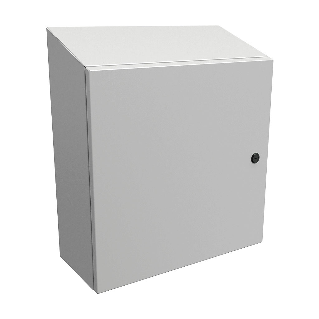 ST20208LG - Hammond Eclipse series enclosure, slope top, NEMA 3R/4/12, 20 x 20 x 8in (HxWxD), wall mount, carbon steel, RAL 7035 light gray, powder coat finish, single-door, 1/4-turn semi-flush latch.